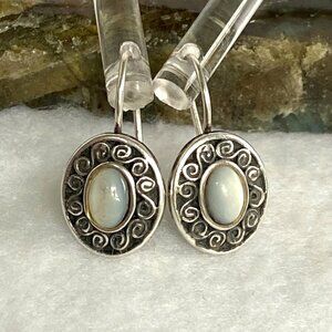 Sterling Silver 925 Dainty Oval White Mother Of Pearl Dangle Earrings